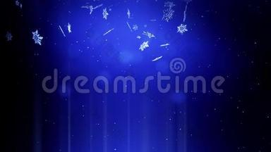 闪亮的3d雪花在蓝色背景下在空气中漂浮。 用作圣诞、<strong>新年</strong>贺卡或冬季<strong>动画</strong>